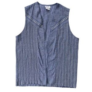 REGAL Womens Small Medium Wash Denim Chambray Sleeveless Embroidered Open Blouse